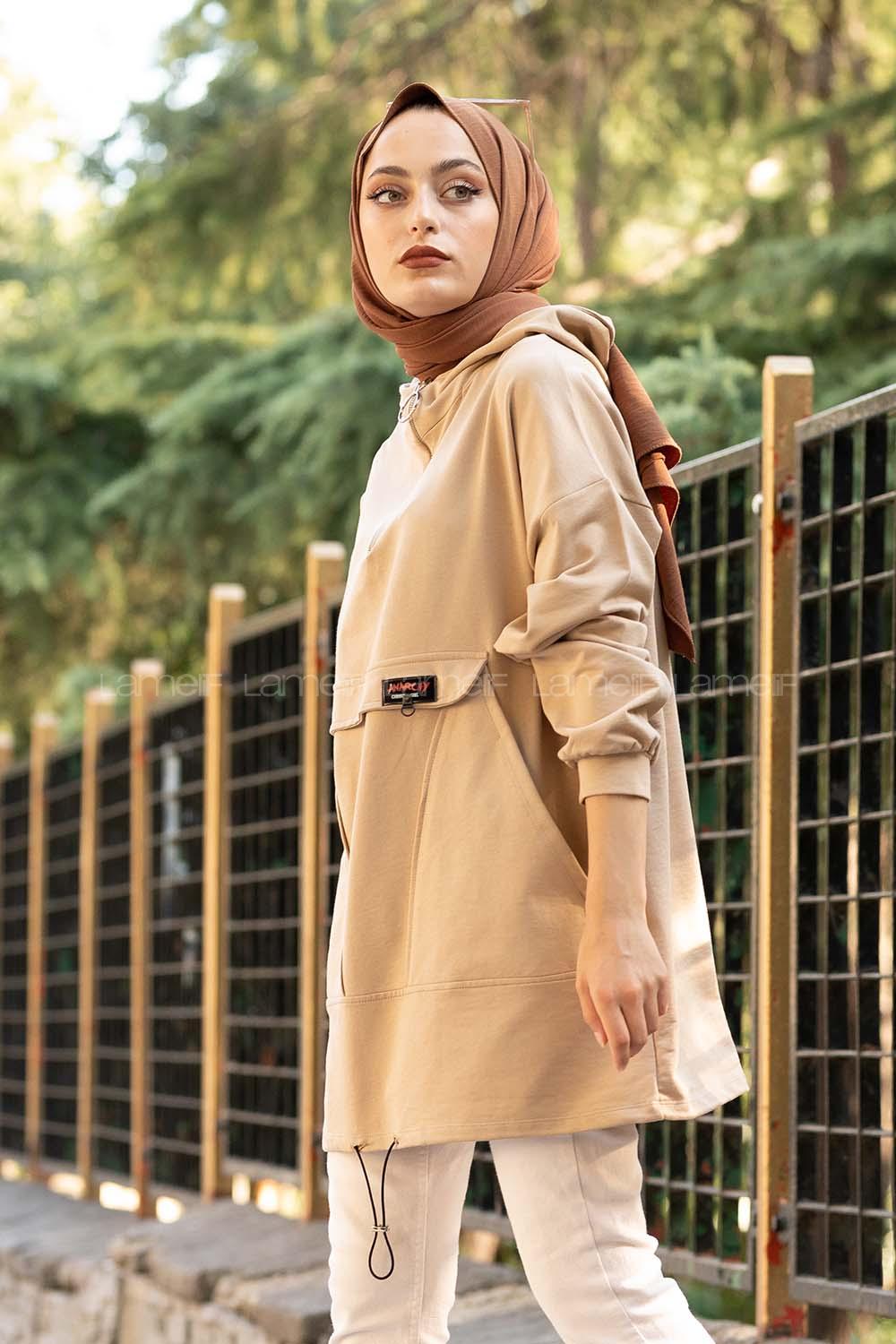 Modalamelif Kanguru Cep Armalı Sweatshirt Sütlü Kahve