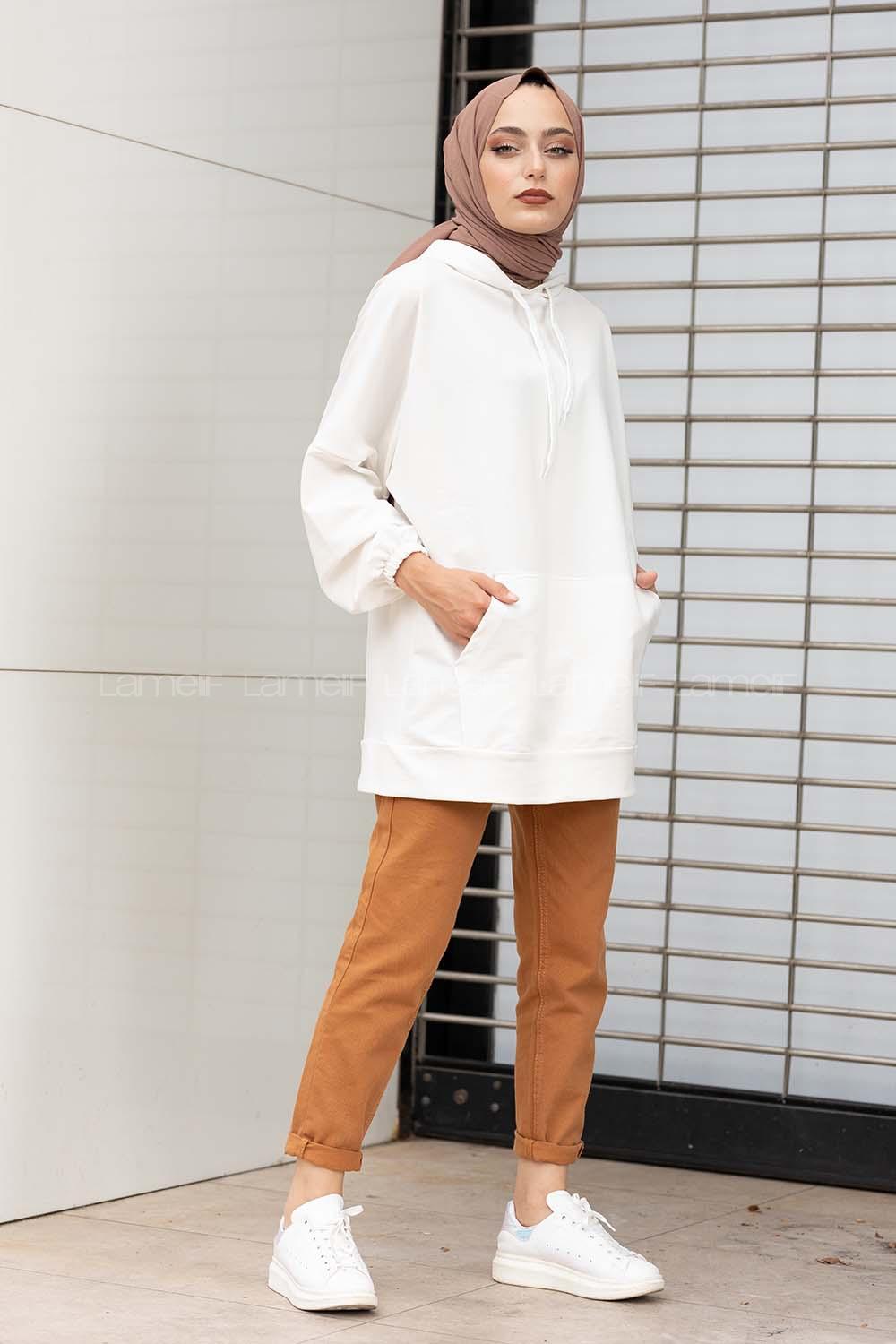 Modalamelif  Kanguru Cepli Kapşonlu Sweatshirt Beyaz