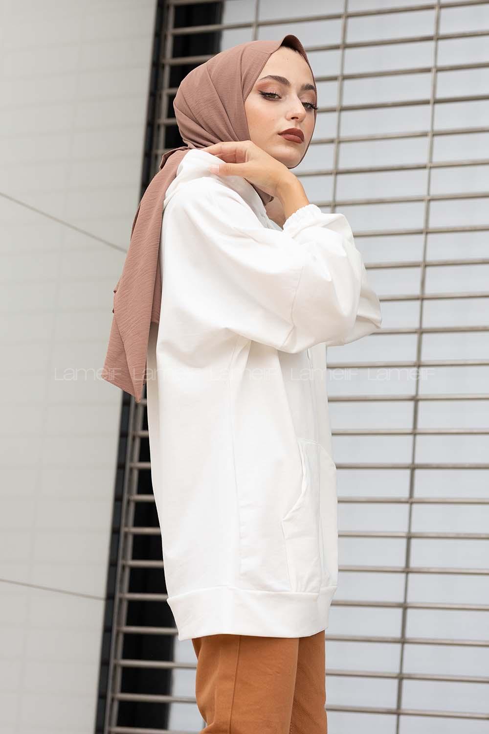 Modalamelif  Kanguru Cepli Kapşonlu Sweatshirt Beyaz