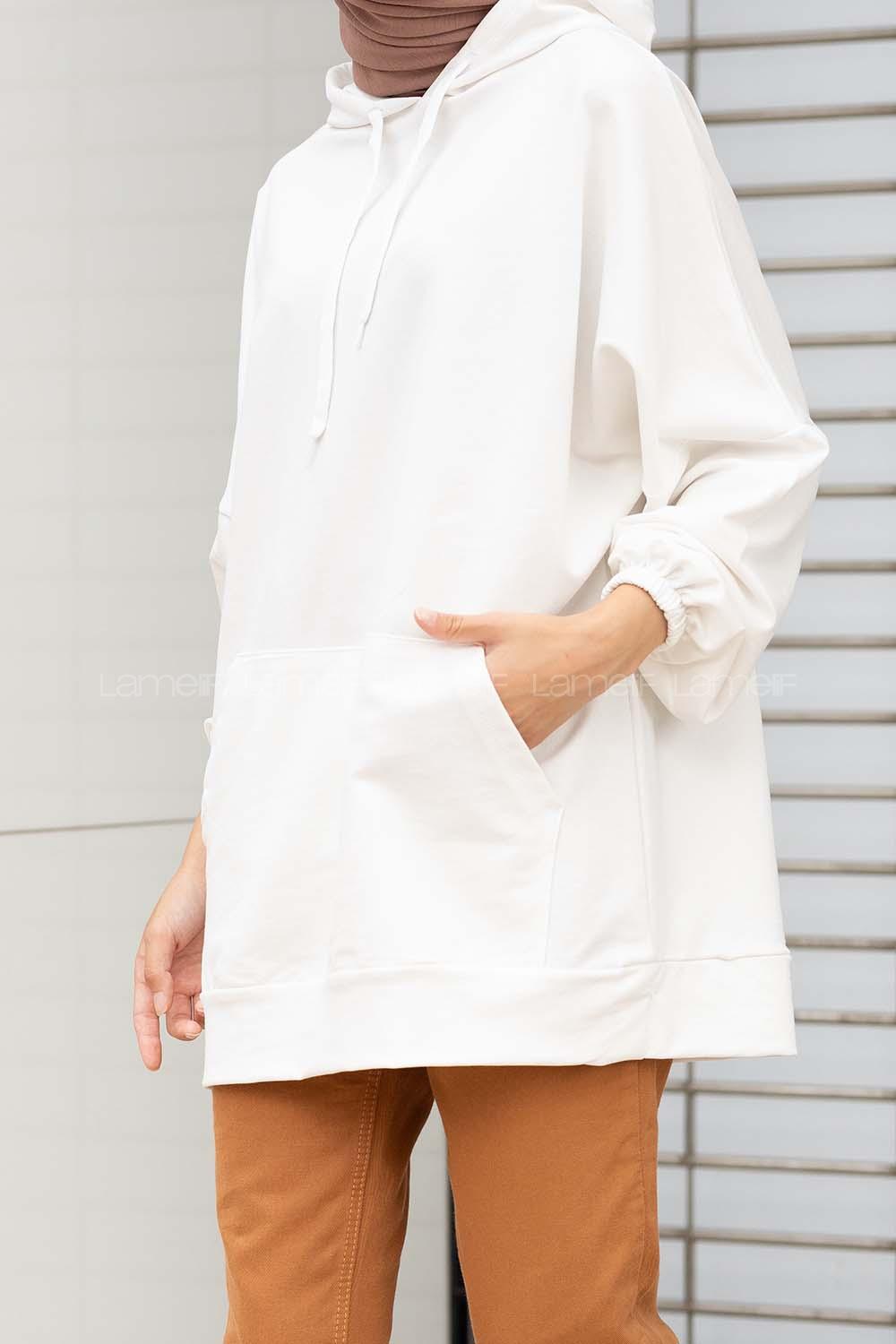 Modalamelif  Kanguru Cepli Kapşonlu Sweatshirt Beyaz