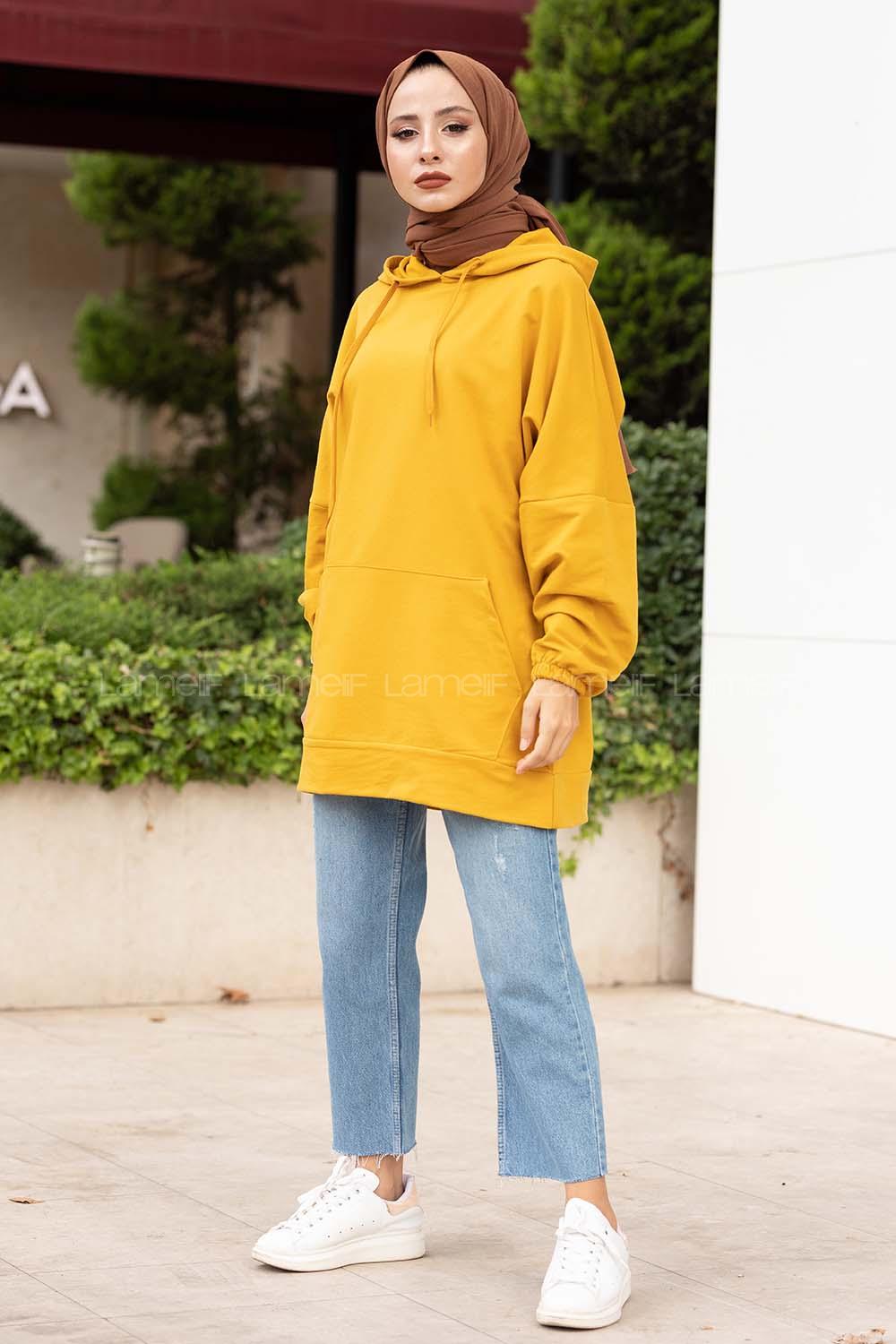 Modalamelif Kanguru Cepli Kapşonlu Sweatshirt Hardal Sarısı