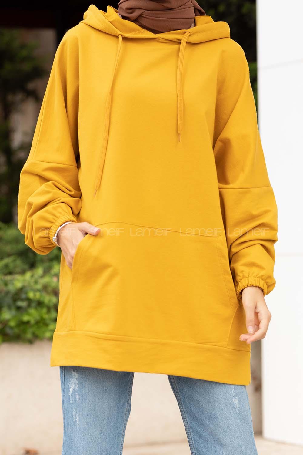 Modalamelif Kanguru Cepli Kapşonlu Sweatshirt Hardal Sarısı