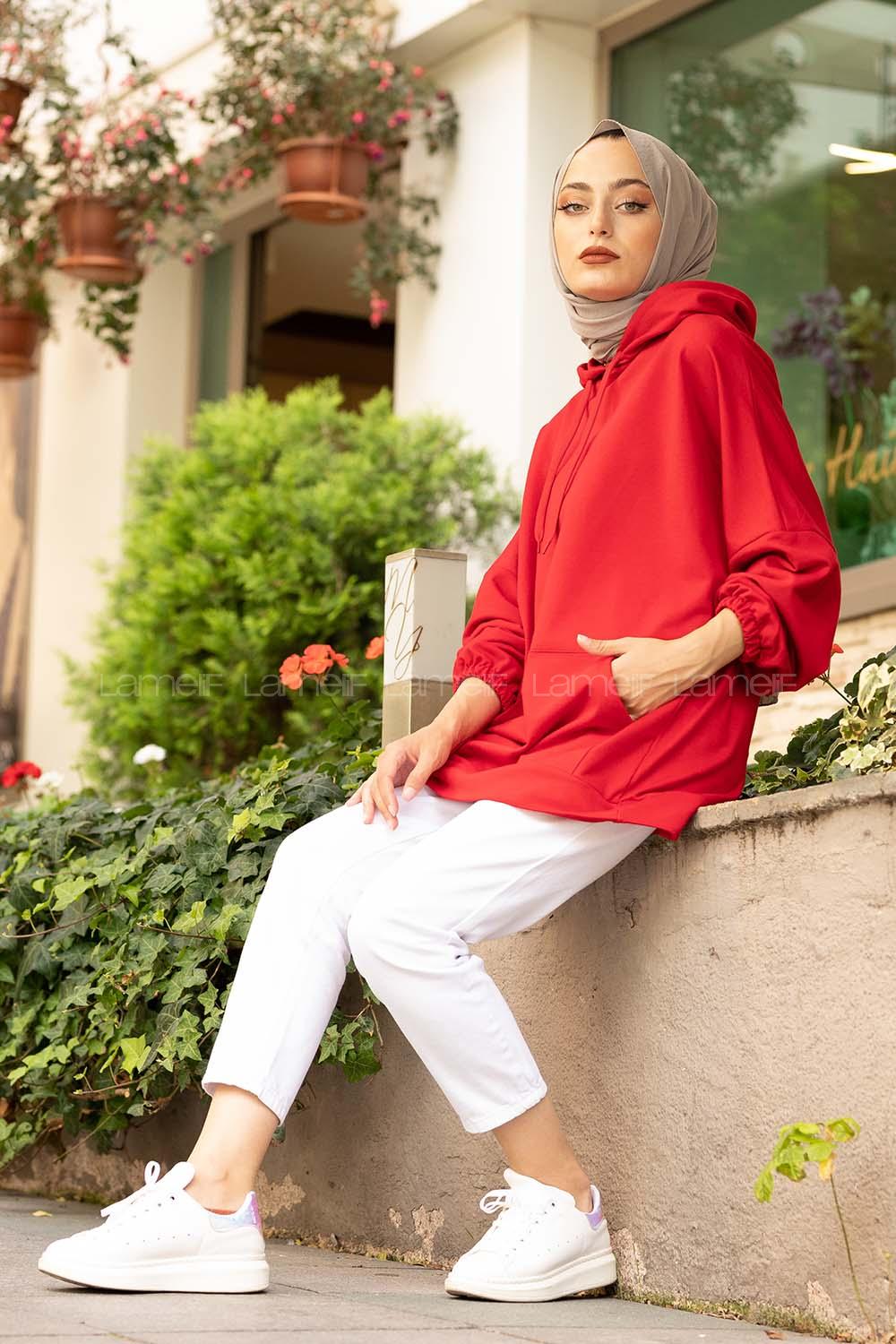 Modalamelif  Kanguru Cepli Kapşonlu Sweatshirt Kırmızı