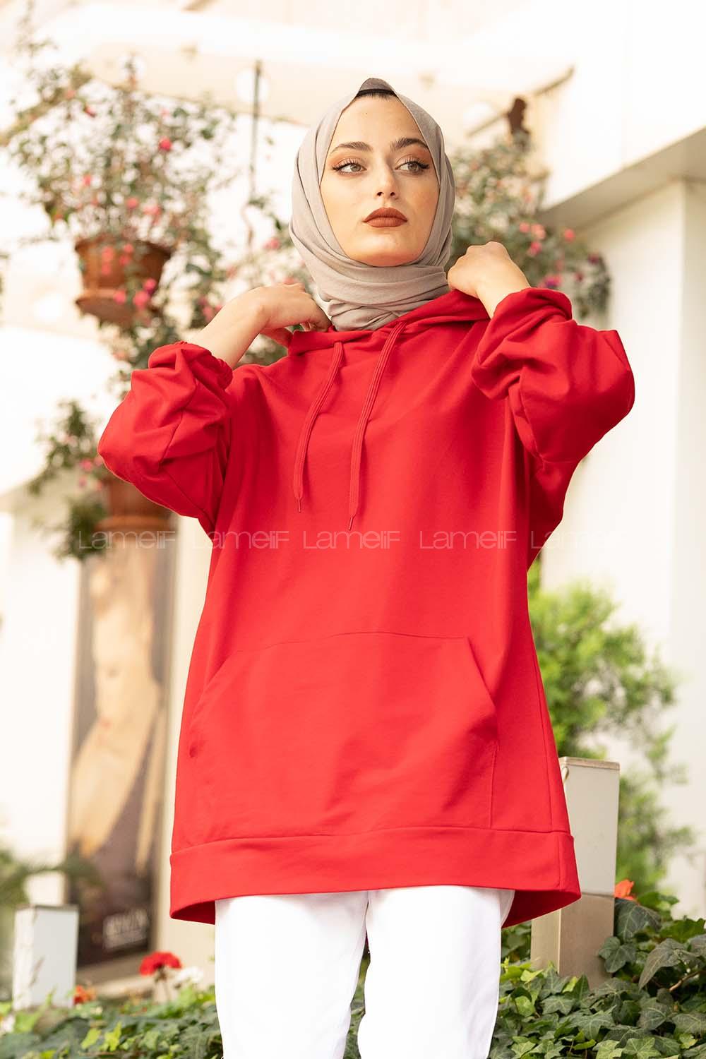Modalamelif  Kanguru Cepli Kapşonlu Sweatshirt Kırmızı