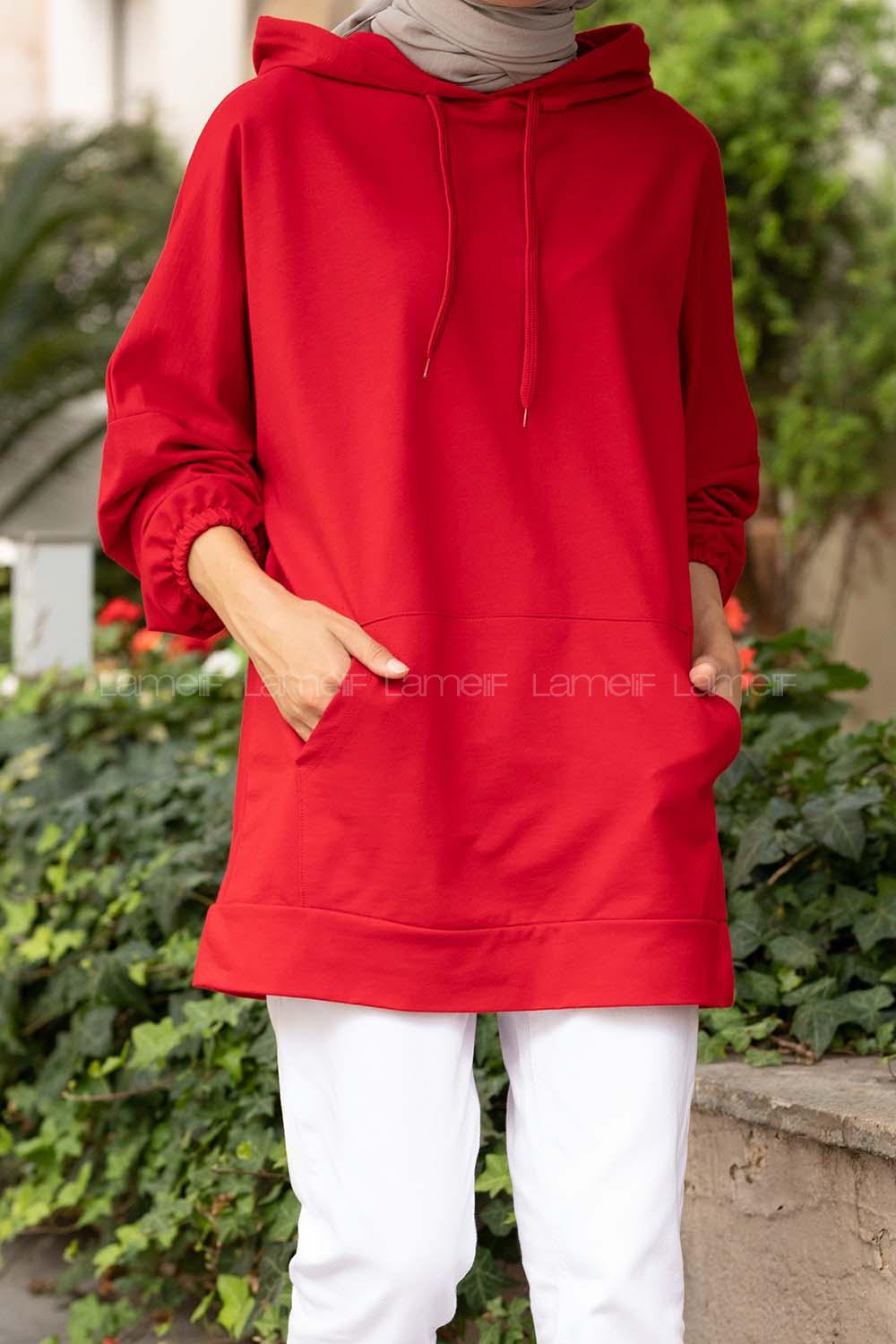 Modalamelif  Kanguru Cepli Kapşonlu Sweatshirt Kırmızı