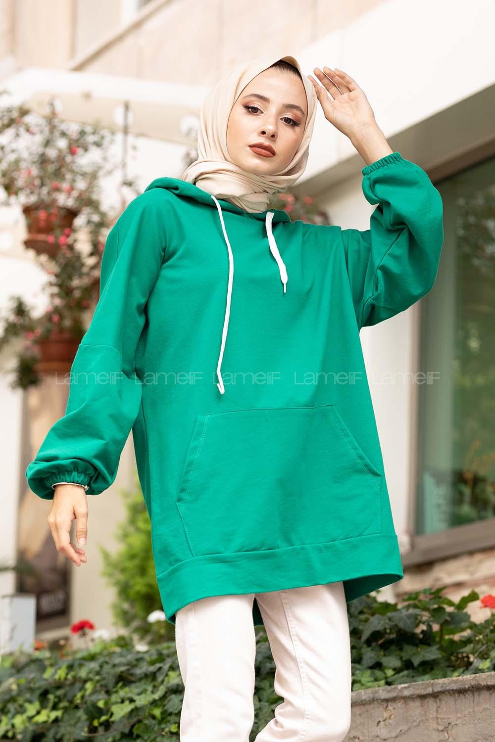 Modalamelif  Kanguru Cepli Kapşonlu Sweatshirt Yeşil