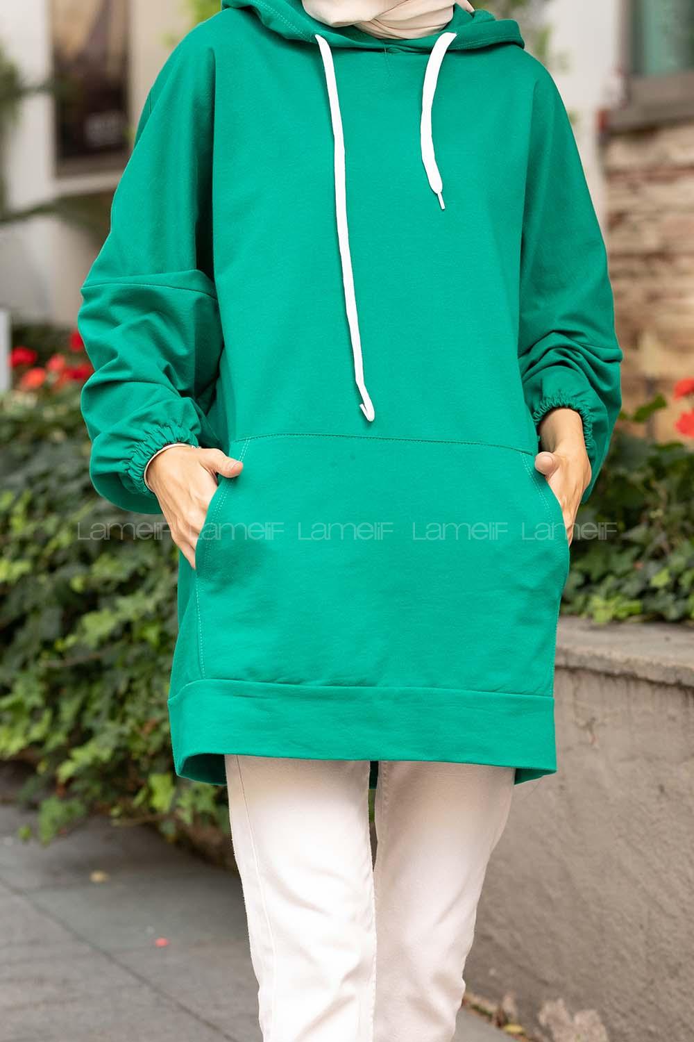 Modalamelif  Kanguru Cepli Kapşonlu Sweatshirt Yeşil