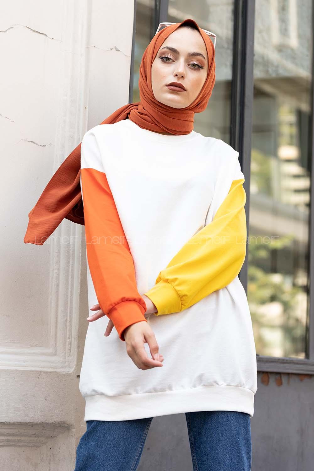 Modalamelif Kol Garnili Sweatshirt Hardal Oranj