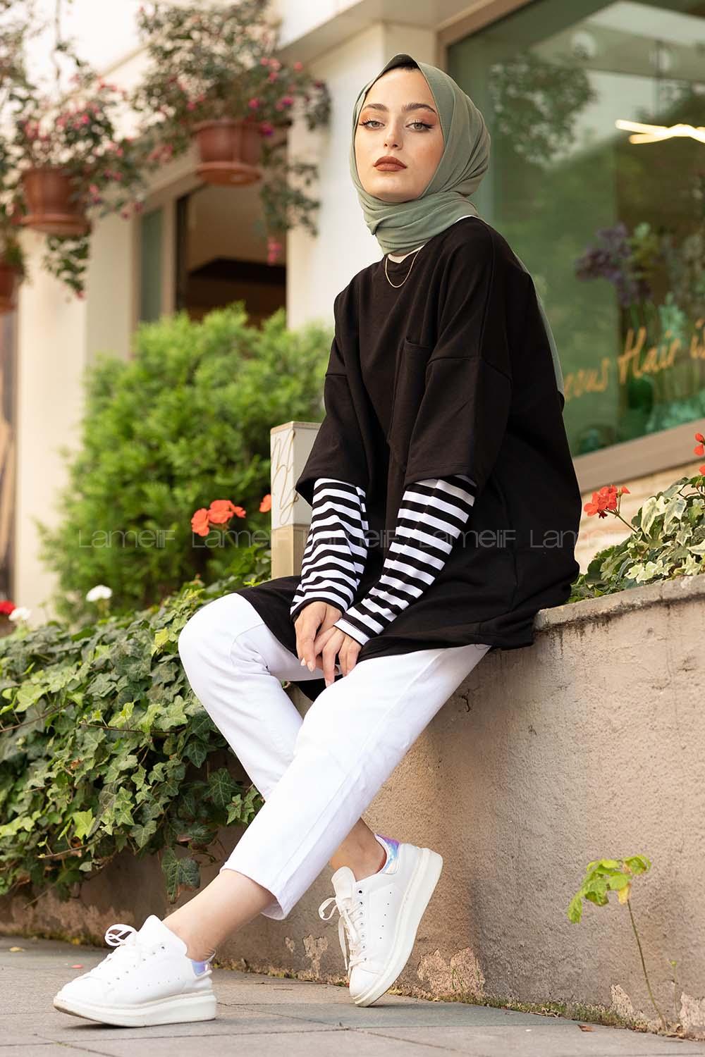 Modalamelif Kol Garnili Tek cepli Sweatshirt Siyah