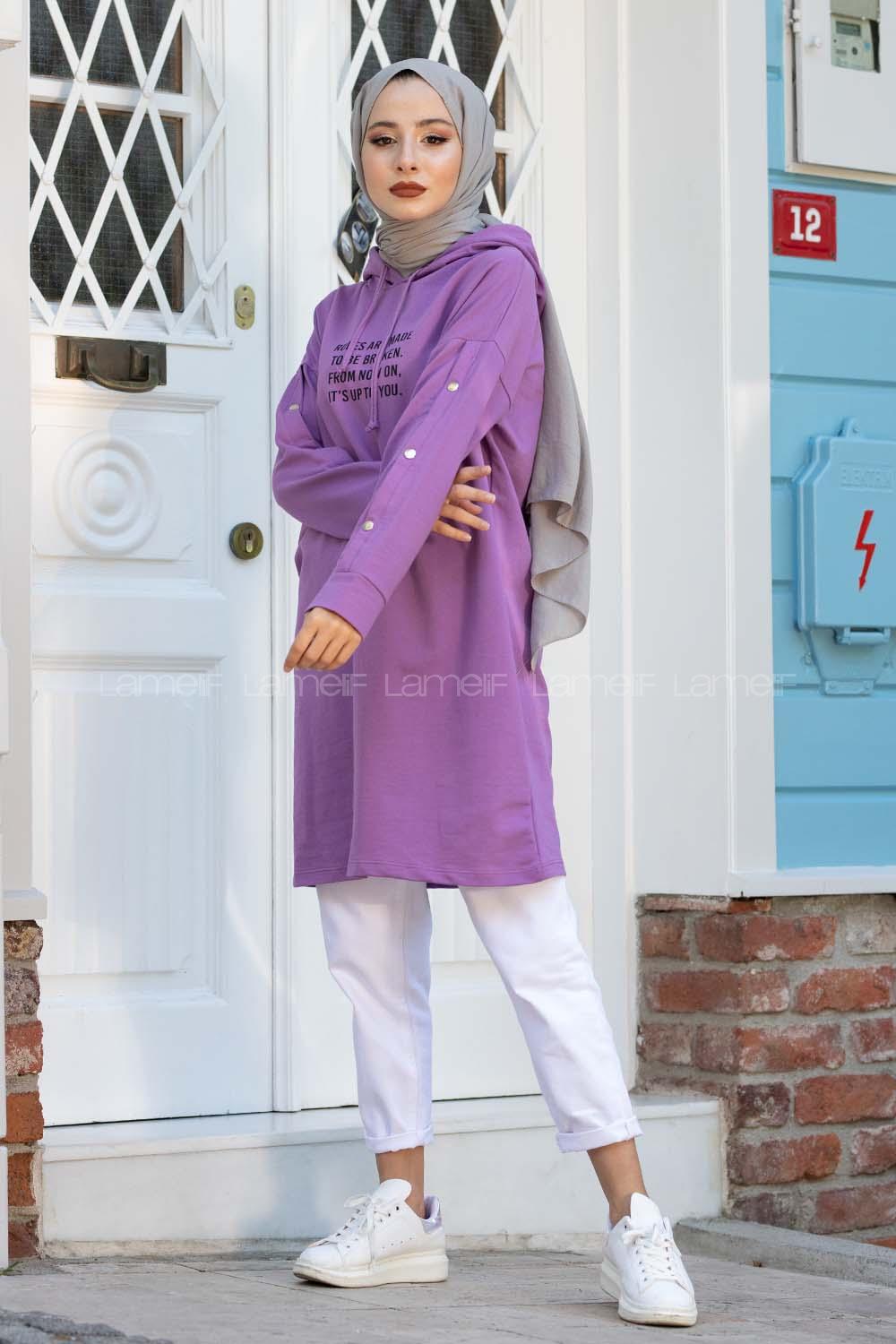 Modalamelif Kolları Çıtçıtlı Sweatshirt Mor