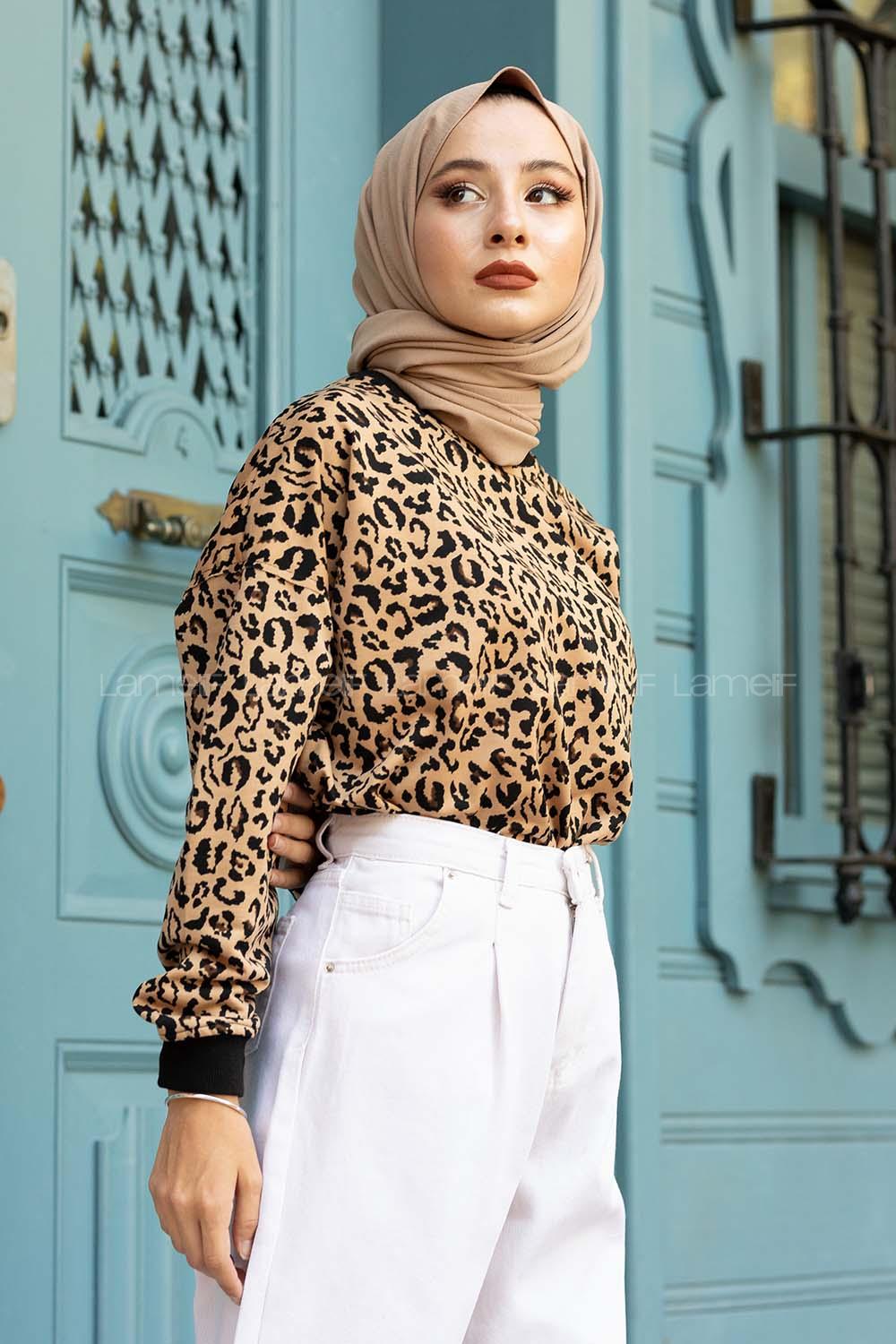 Modalamelif Leopar Desen Sweatshirt Siyah