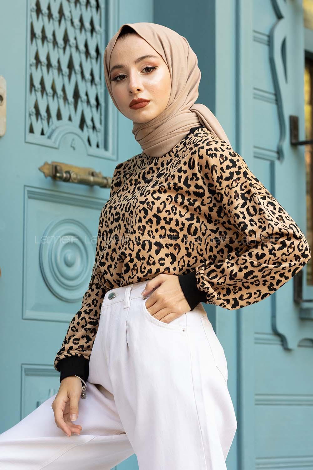 Modalamelif Leopar Desen Sweatshirt Siyah