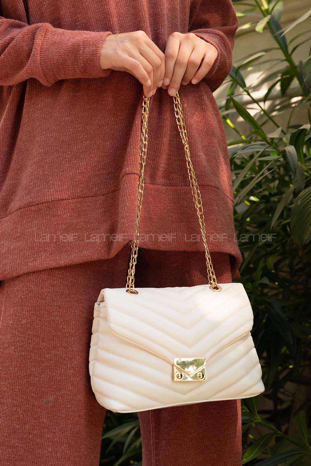 Modalamelif Metal Kilitli Kapitone Çapraz Çanta Krem