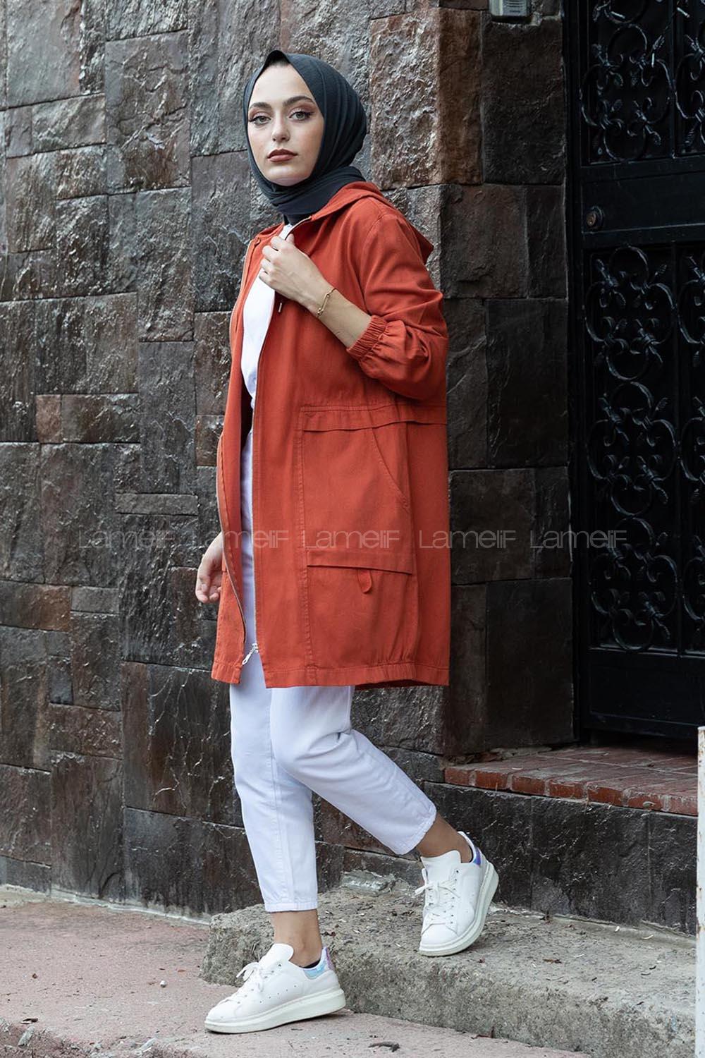 Modalamelif Önü Fermuarlı Çift Cepli Ceket Kiremit