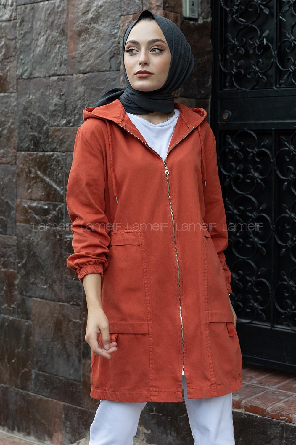 Modalamelif Önü Fermuarlı Çift Cepli Ceket Kiremit