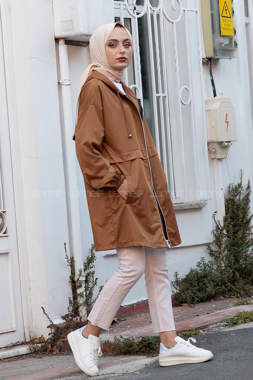 Modalamelif Önü Fermurlı Kapşonlu Kap Camel