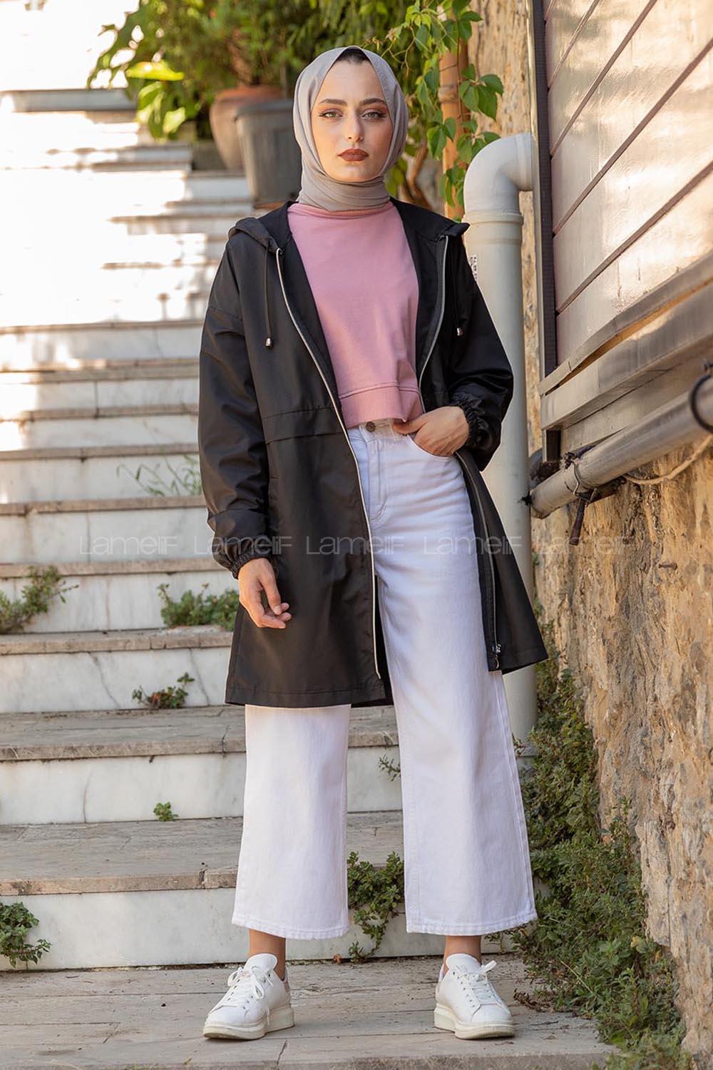 Modalamelif Önü Fermurlı Kapşonlu Kap Siyah