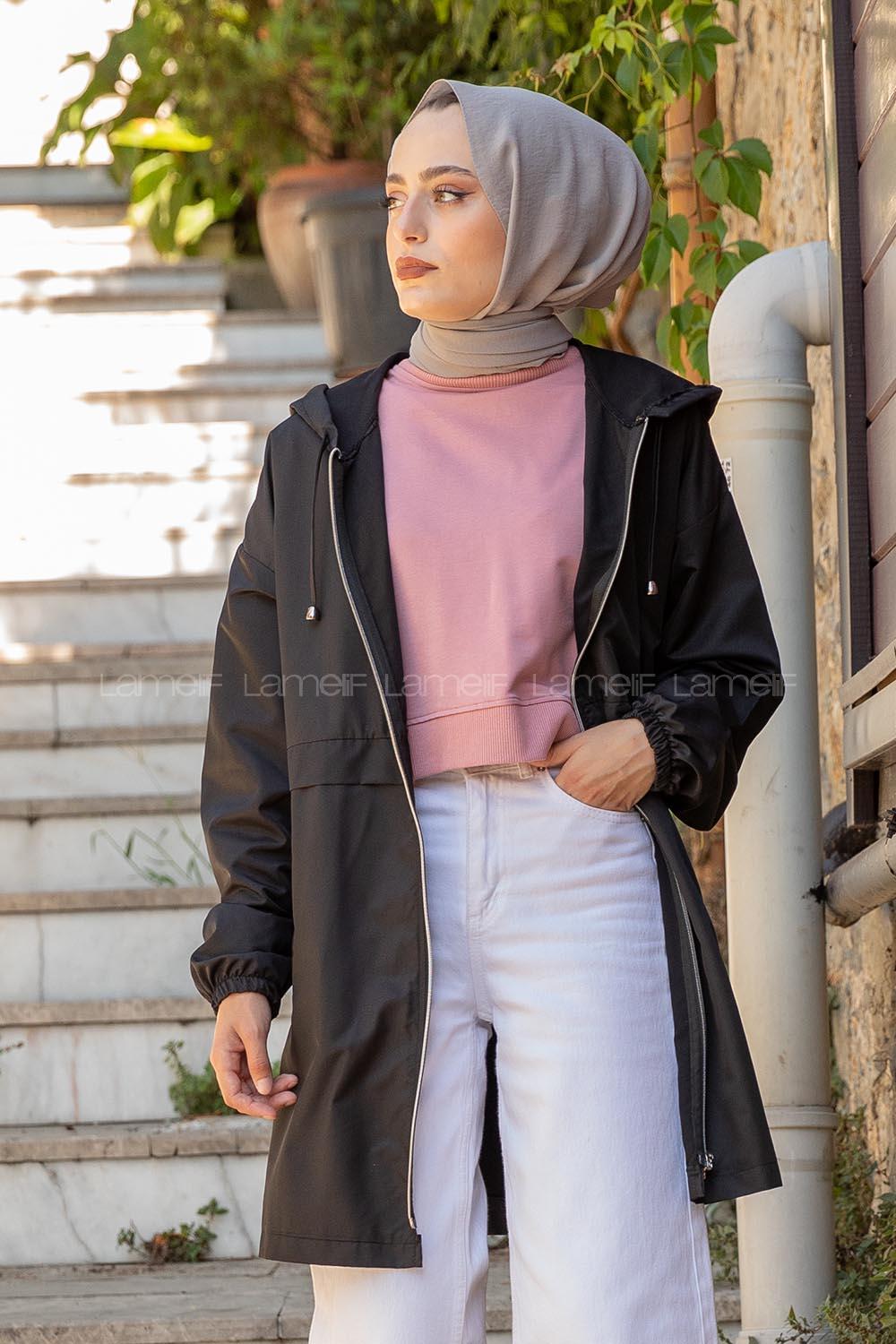 Modalamelif Önü Fermurlı Kapşonlu Kap Siyah