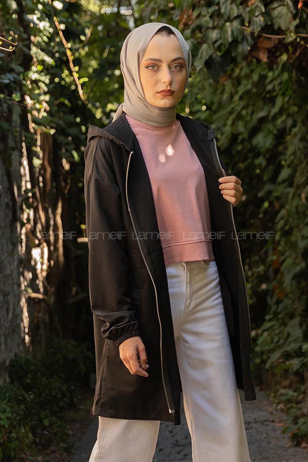 Modalamelif Önü Fermurlı Kapşonlu Kap Siyah