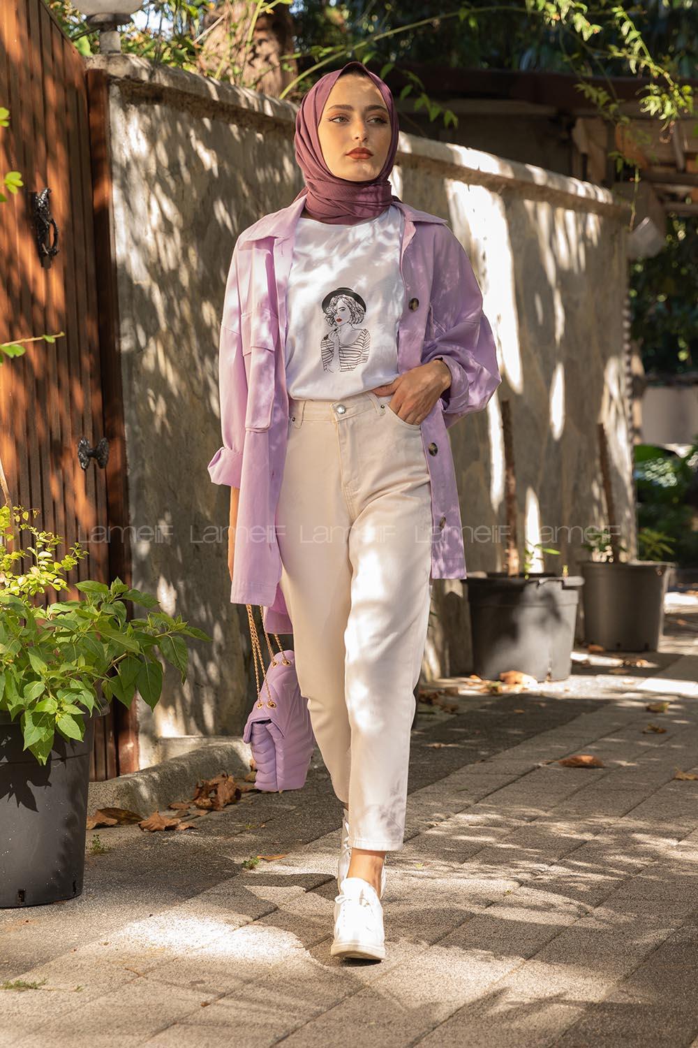 Modalamelif Önü Tahta Düğmeli Büyük Cep Ceket Lila