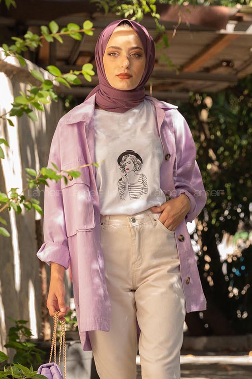 Modalamelif Önü Tahta Düğmeli Büyük Cep Ceket Lila