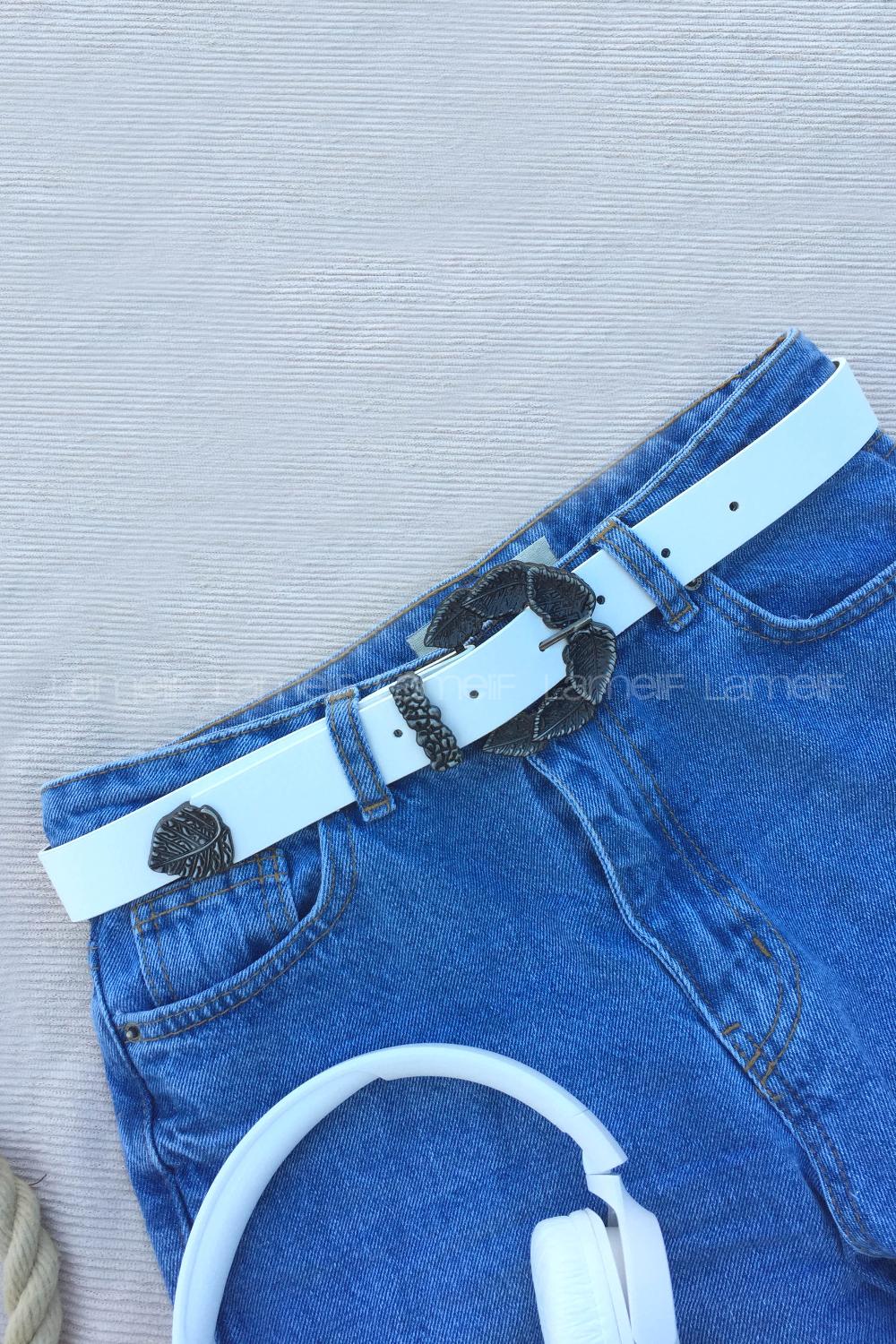 Modalamelif Vıntage Yaprak Tokalı Kemer Beyaz