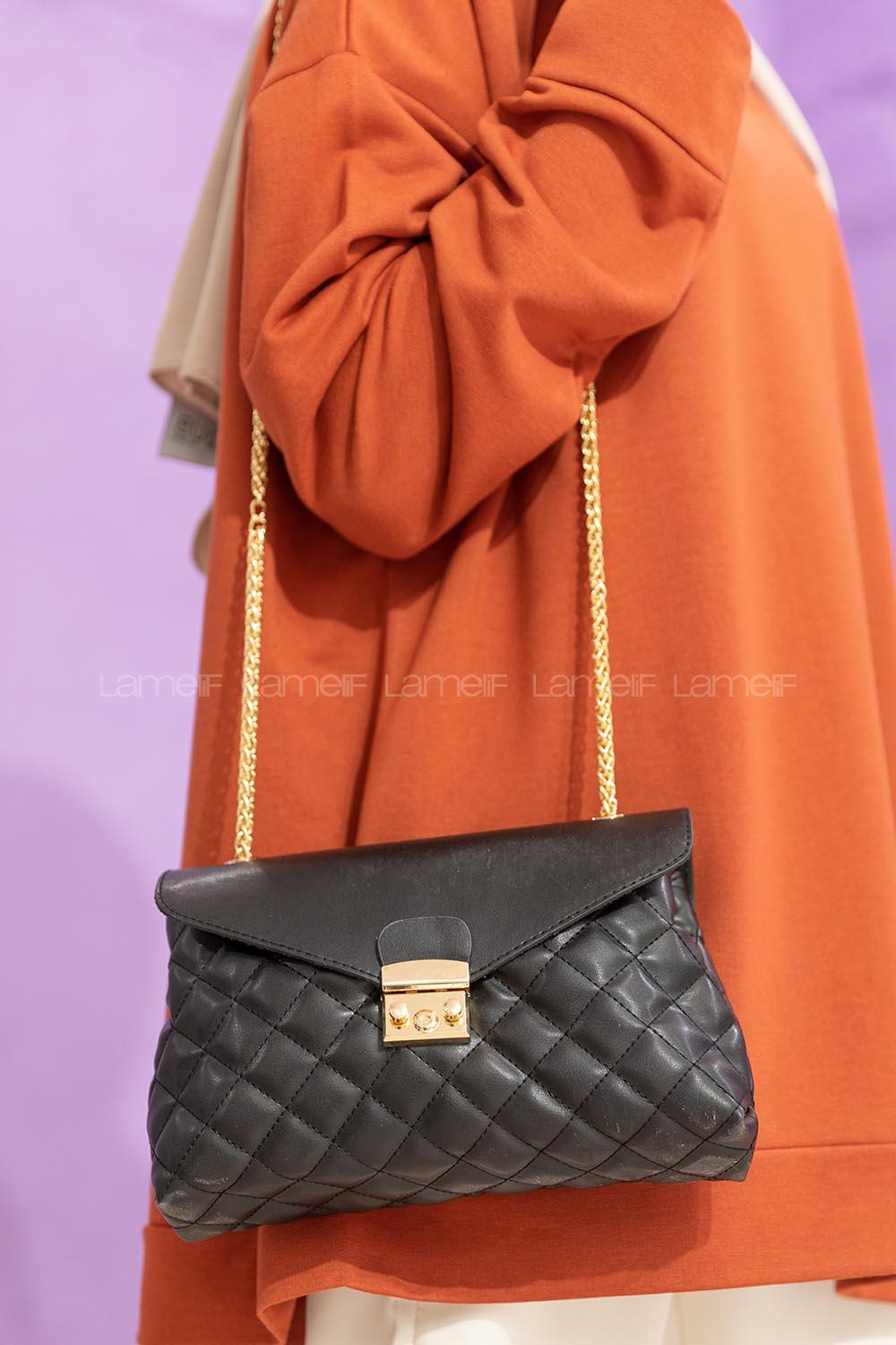 Modalamelif Zincir Askılı Dikişli Çapraz Çanta Siyah