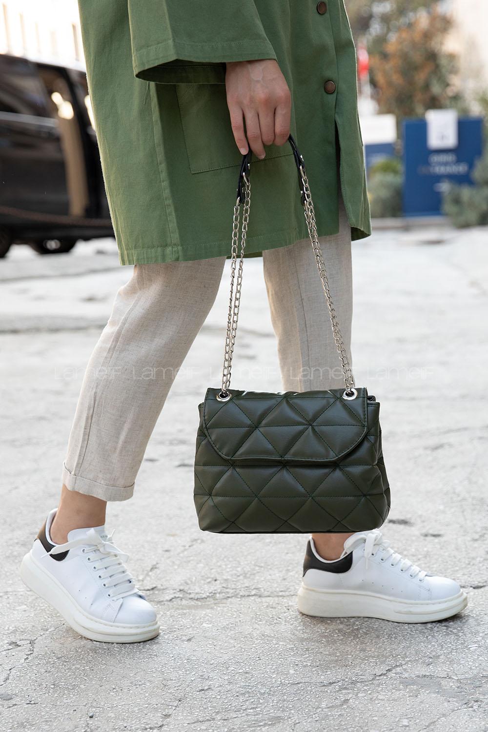 Modalamelif Dikişli Kapitone Çapraz Çanta Koyu Yeşil