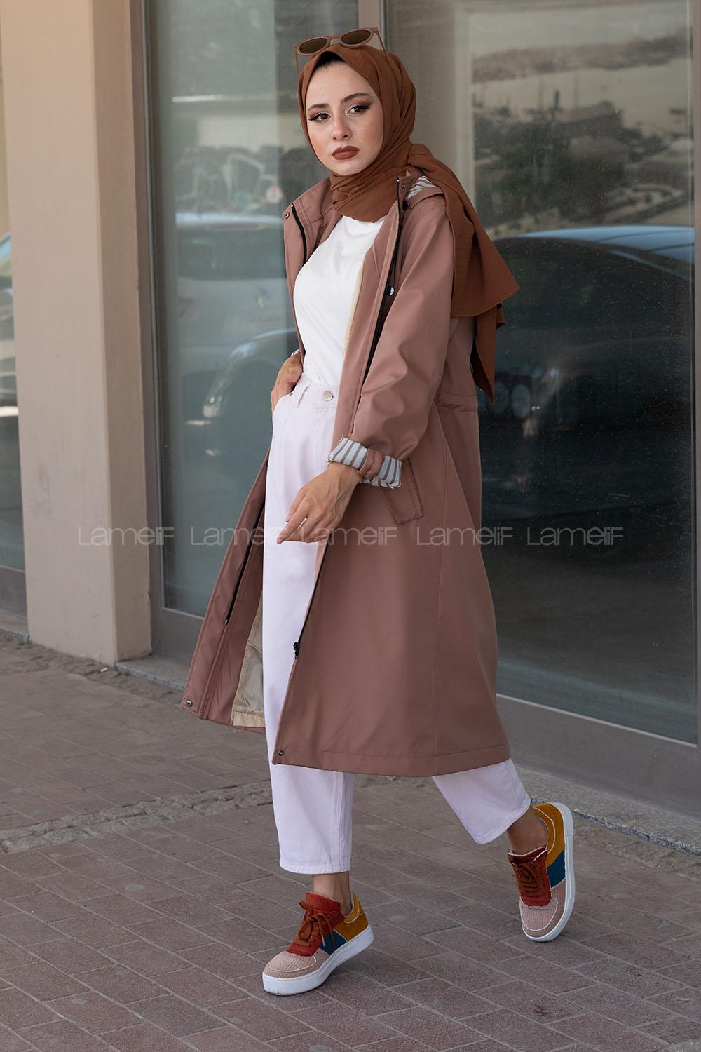 Modalamelif Kol Katlamalı Kapşonlu Trenç Pudra