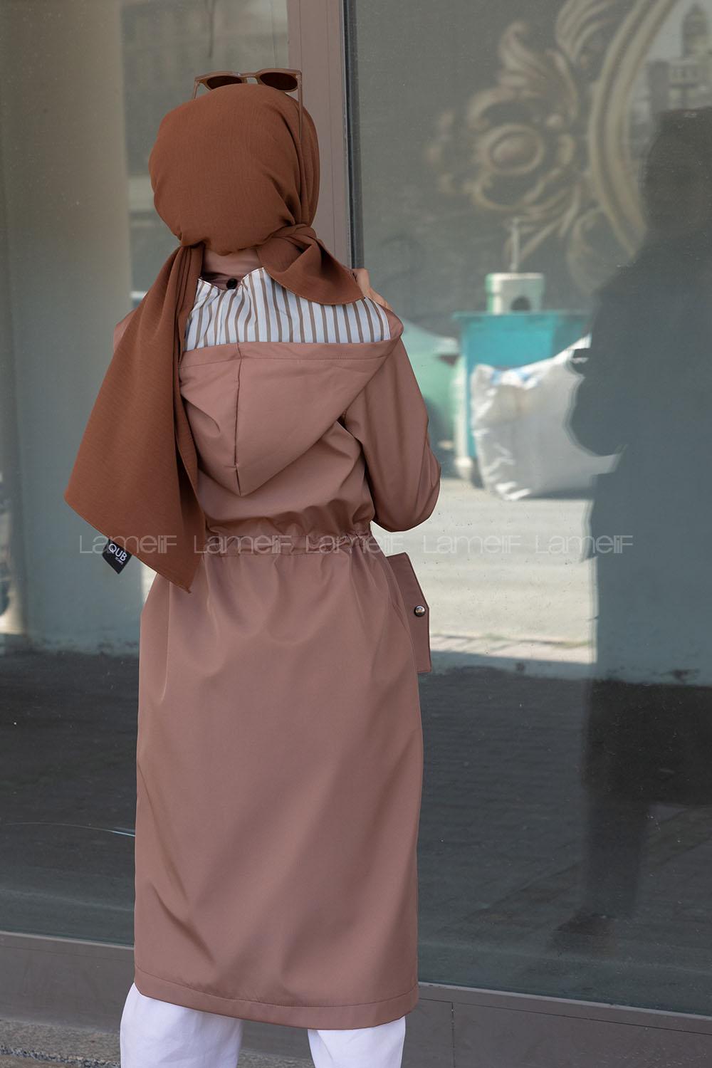 Modalamelif Kol Katlamalı Kapşonlu Trenç Pudra