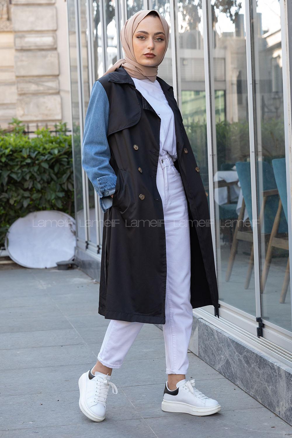 Modalamelif Kol Kot Detaylı Belden Bağlamalı Trenç Siyah