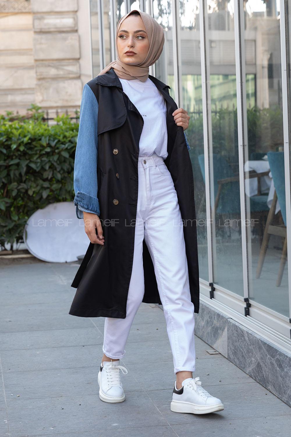 Modalamelif Kol Kot Detaylı Belden Bağlamalı Trenç Siyah