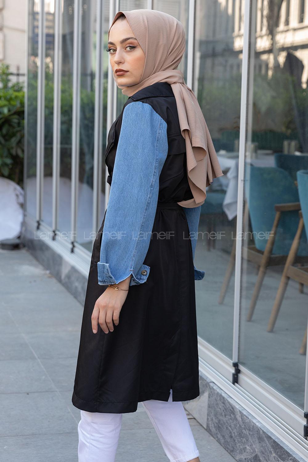 Modalamelif Kol Kot Detaylı Belden Bağlamalı Trenç Siyah