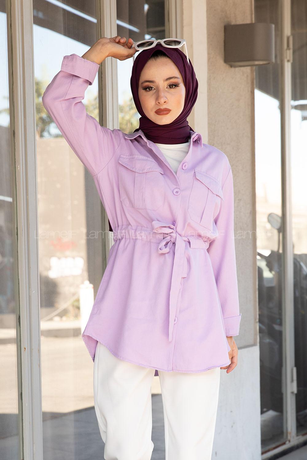 Modalamelif Önü Düğmeli Bel Bağlamalı Ceket Lila