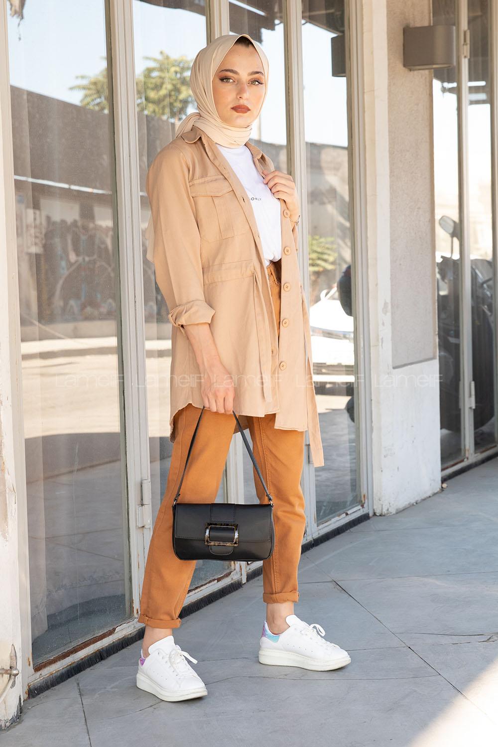 Modalamelif Önü Düğmeli Bel Bağlamalı Ceket Sütlü Kahve