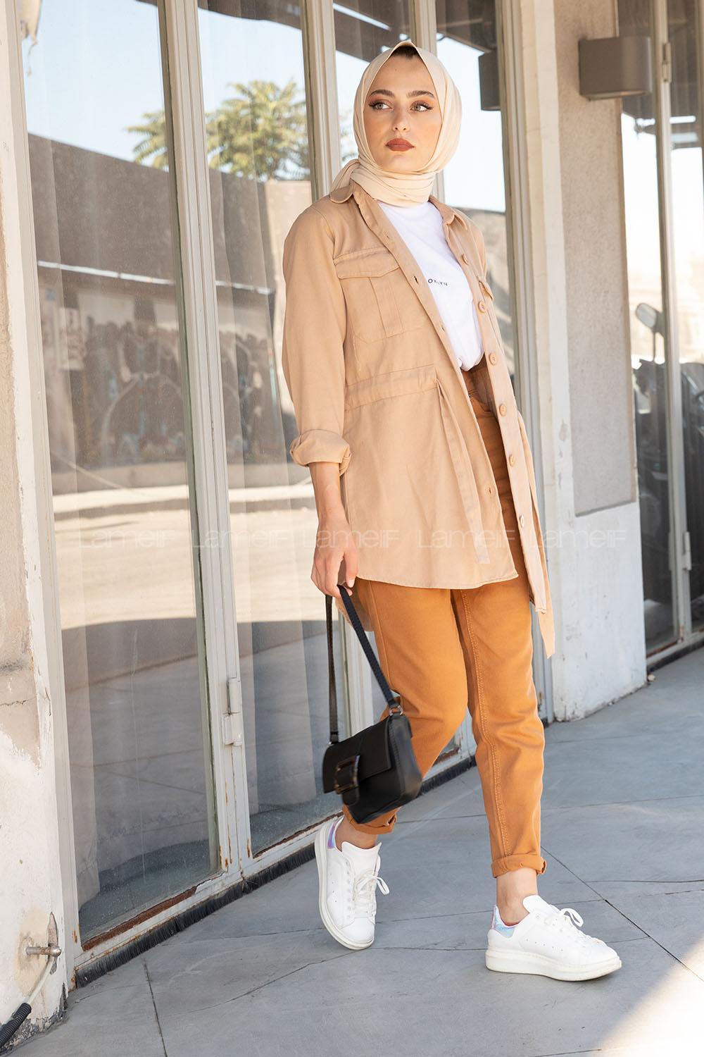 Modalamelif Önü Düğmeli Bel Bağlamalı Ceket Sütlü Kahve