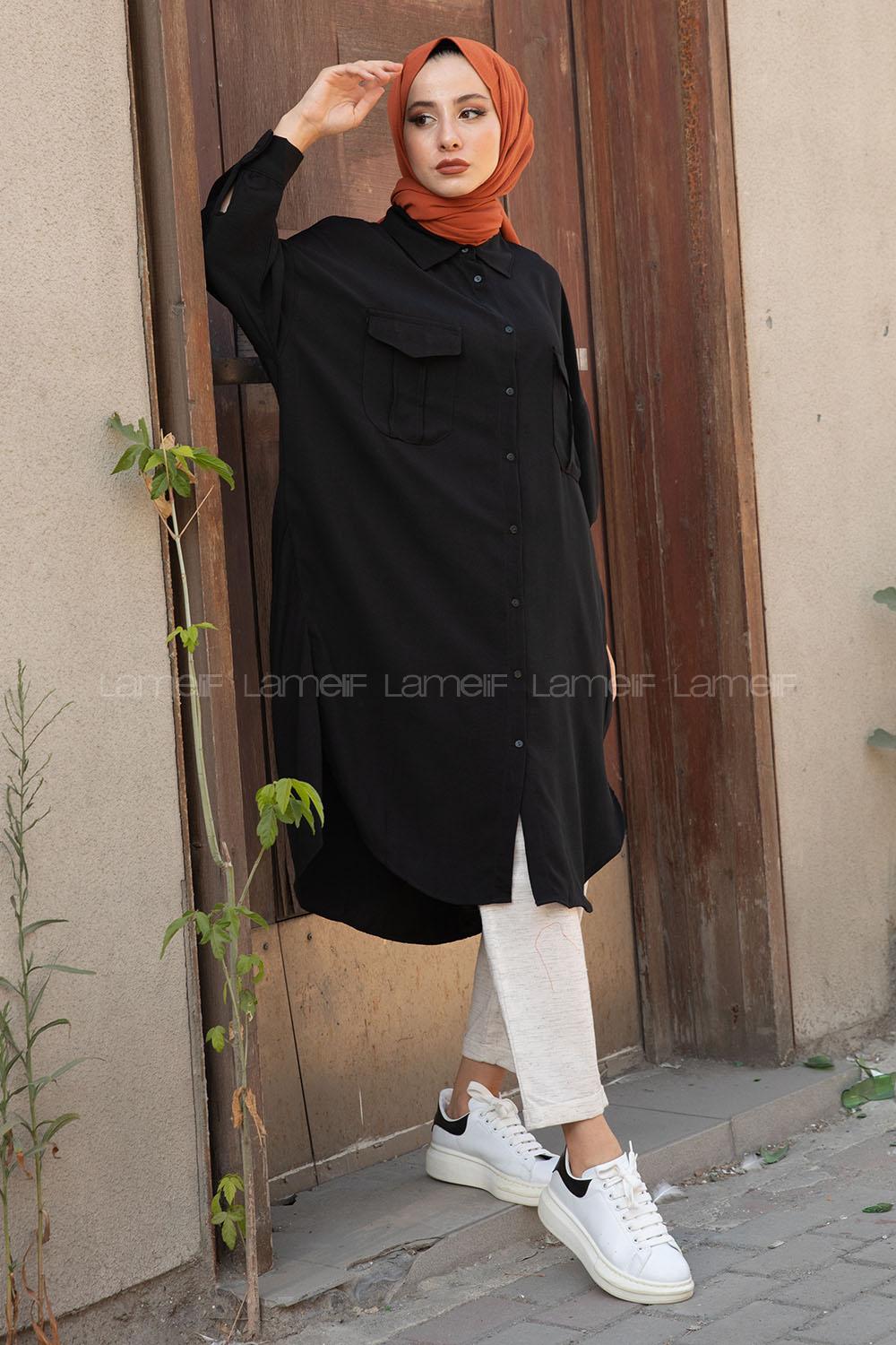 Modalamelif Önü Düğmeli Çift Cepli Gömlek Siyah