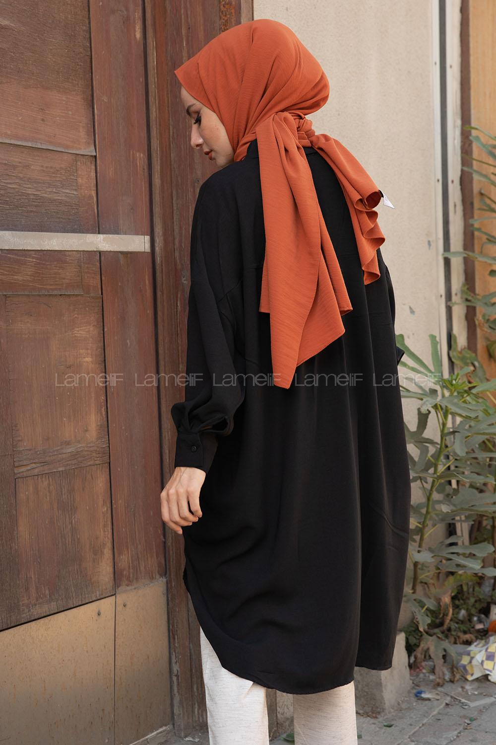 Modalamelif Önü Düğmeli Çift Cepli Gömlek Siyah