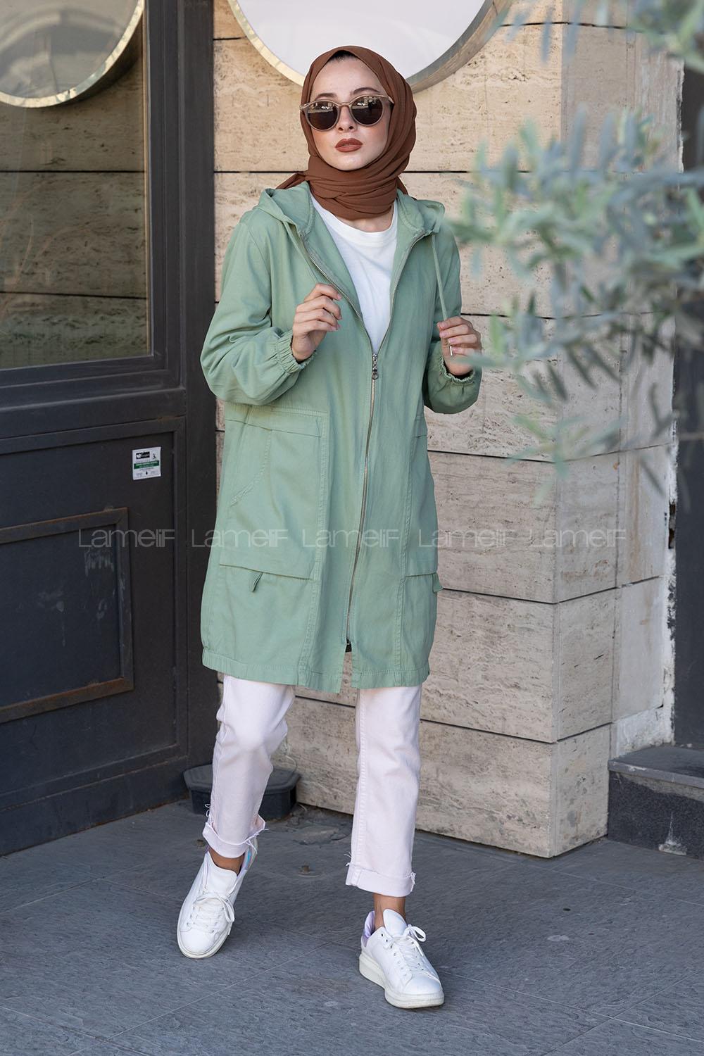 Modalamelif Önü Fermuarlı Çift Cepli Ceket Çağla