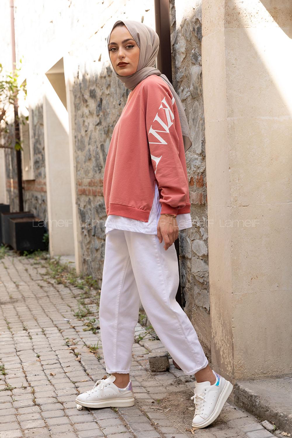 Modalamelif Reglan Kol Garnili Sweatshirt Pudra