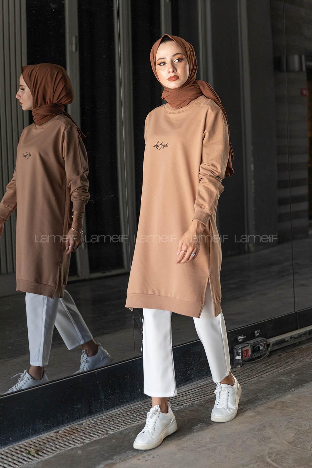 Modalamelif Los Angeles Baskılı Tunik Sütlü Kahve