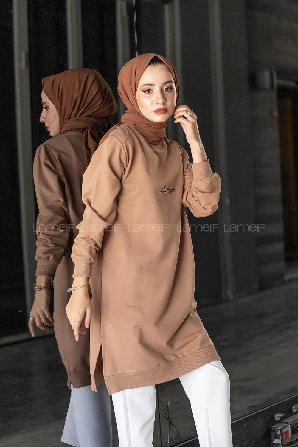 Modalamelif Los Angeles Baskılı Tunik Sütlü Kahve