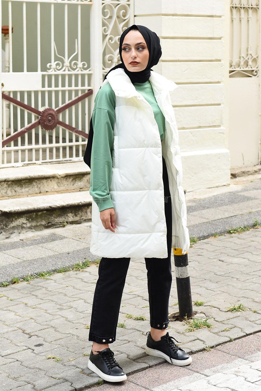 Modalamelif Balıkçı Yaka Fermuarlı Şişme Yelek Beyaz