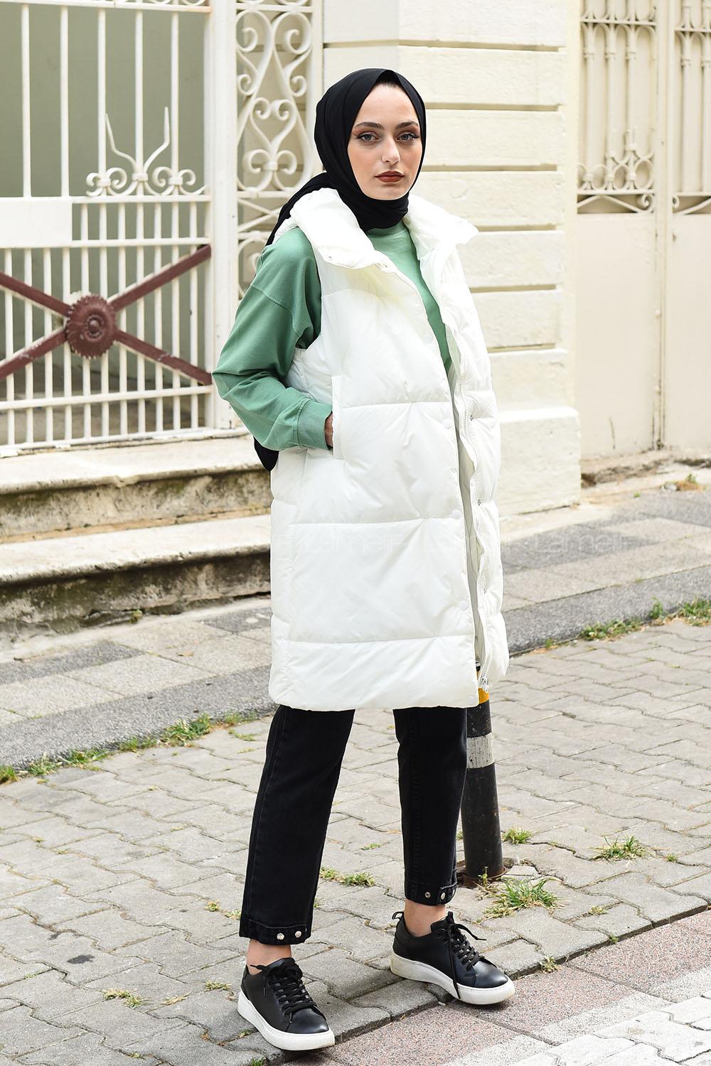 Modalamelif Balıkçı Yaka Fermuarlı Şişme Yelek Beyaz