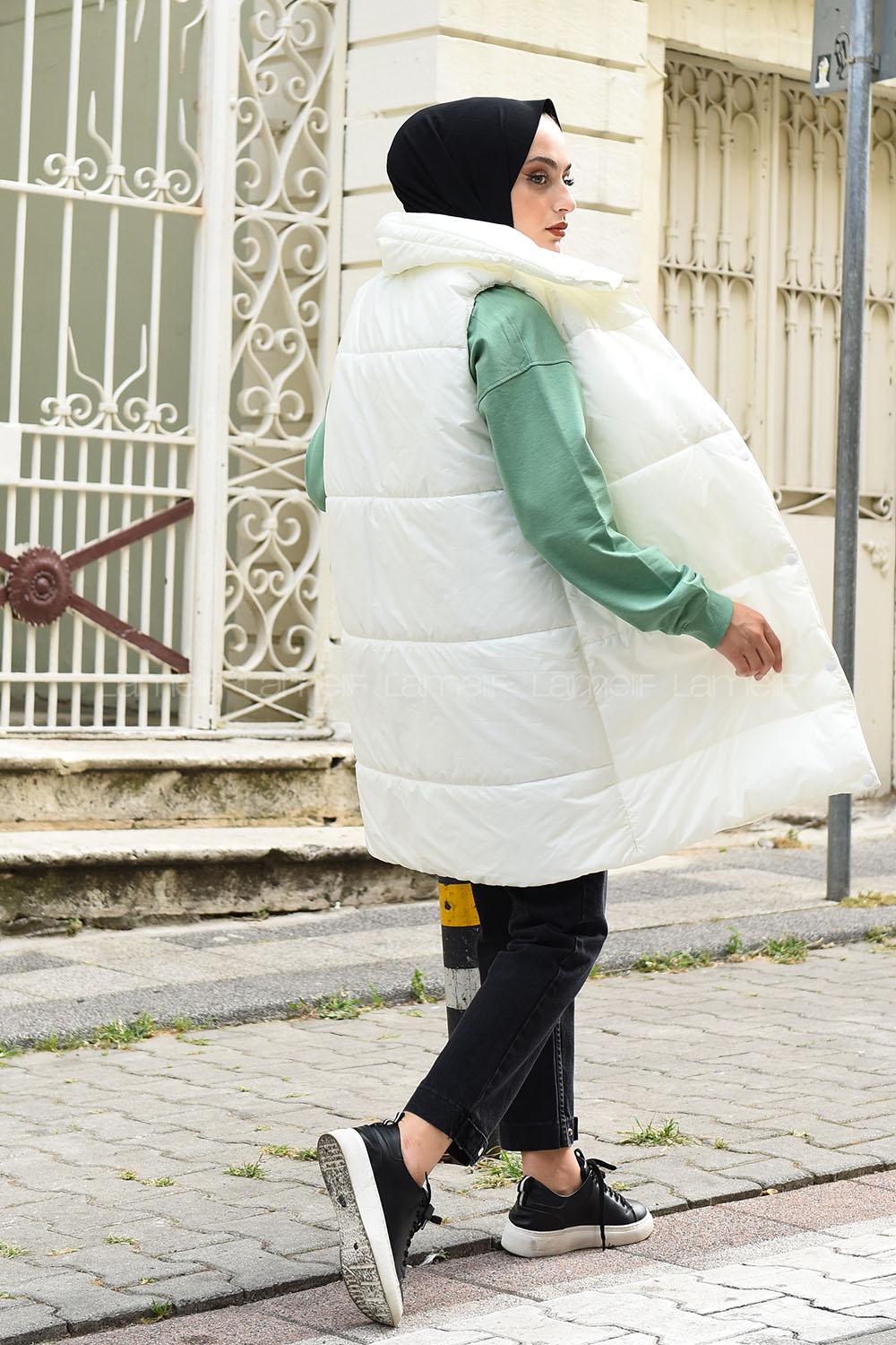 Modalamelif Balıkçı Yaka Fermuarlı Şişme Yelek Beyaz