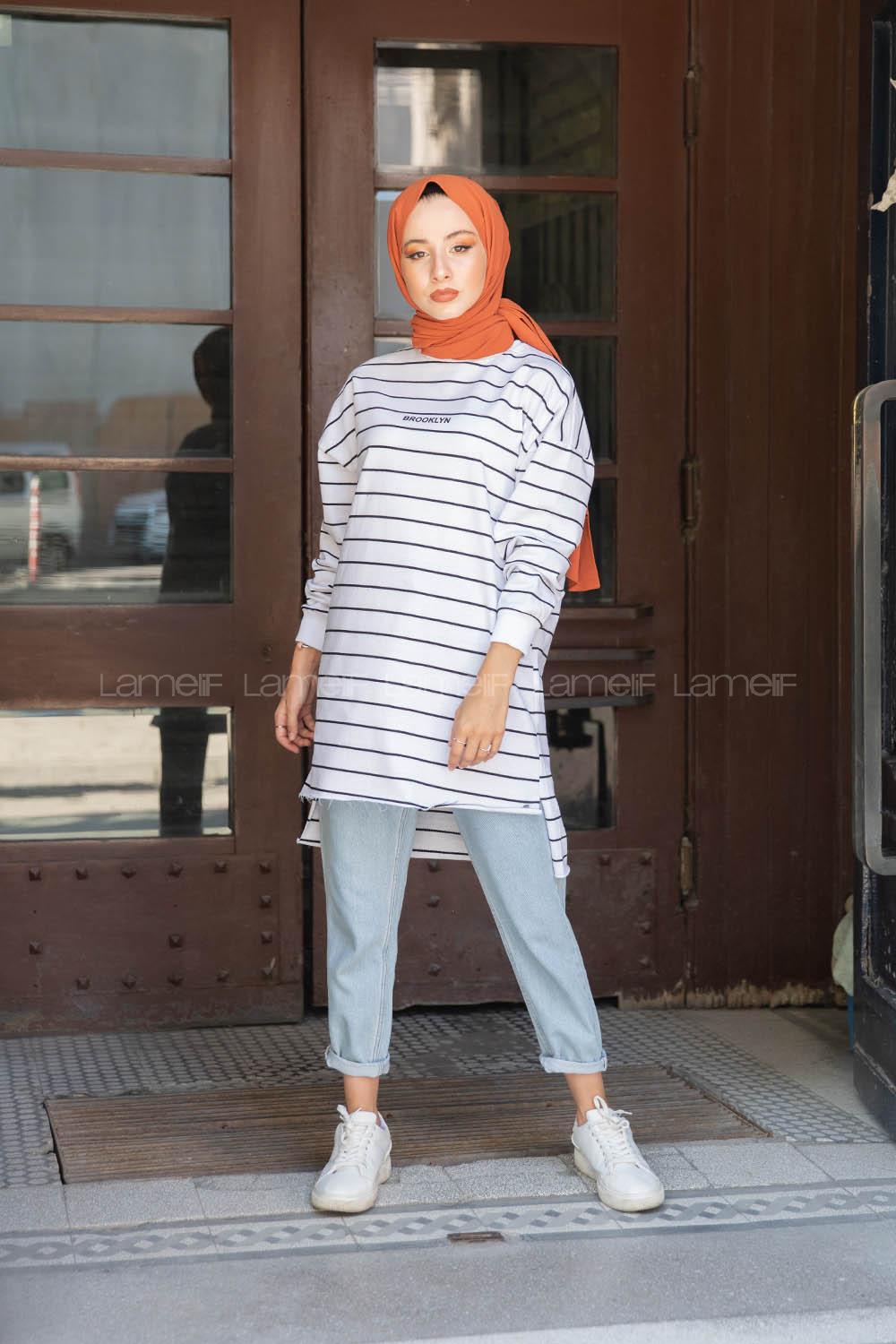 Modalamelif Çizgili Brooklyn Sweatshirt Beyaz