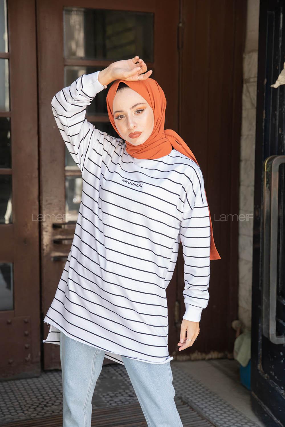 Modalamelif Çizgili Brooklyn Sweatshirt Beyaz