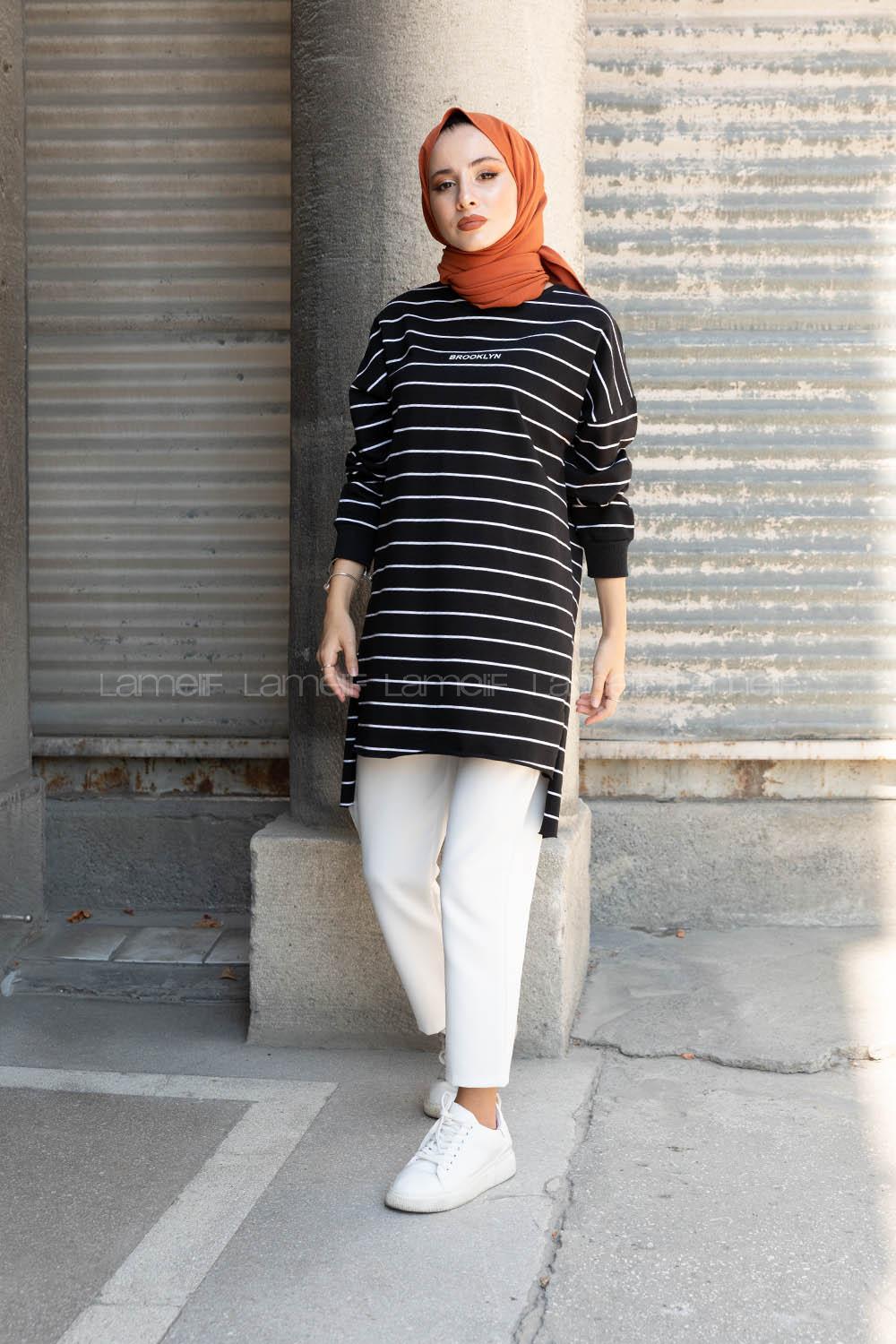 Modalamelif Çizgili Brooklyn Sweatshirt Siyah