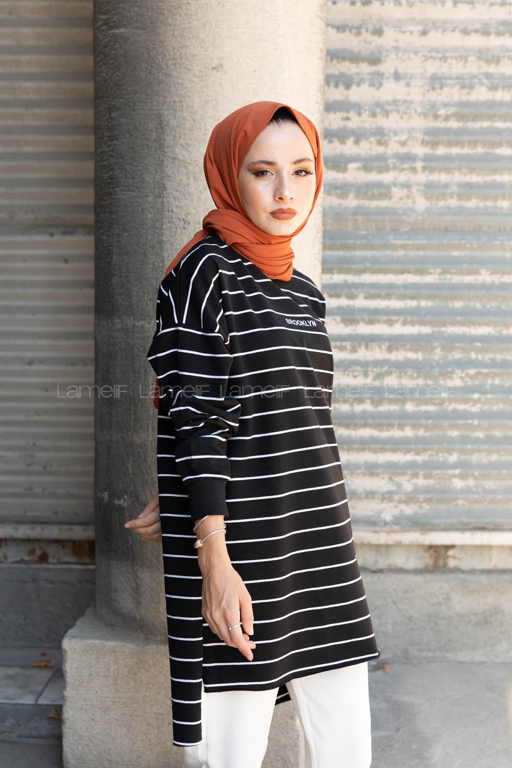 Modalamelif Çizgili Brooklyn Sweatshirt Siyah