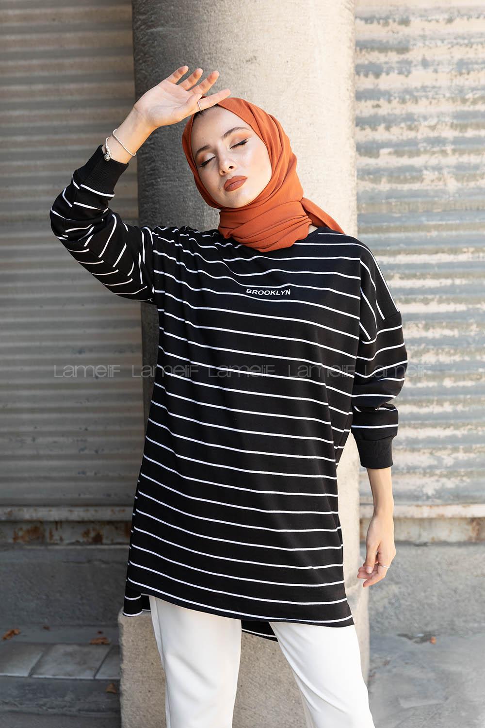 Modalamelif Çizgili Brooklyn Sweatshirt Siyah